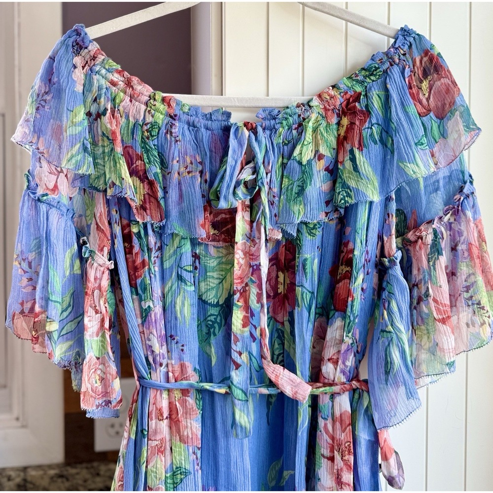 Zimmermann Winsome Sky Sunbleach Floral 100% Silk Ruffle Mini Dress Size 2 M 6/8 - Picture 6 of 16